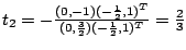 $t_2=-\frac{(0,-1)(-\frac{1}{2},1)^T}{(0,\frac{3}{2})(-\frac{1}{2},1)^T}
=\frac{2}{3}$